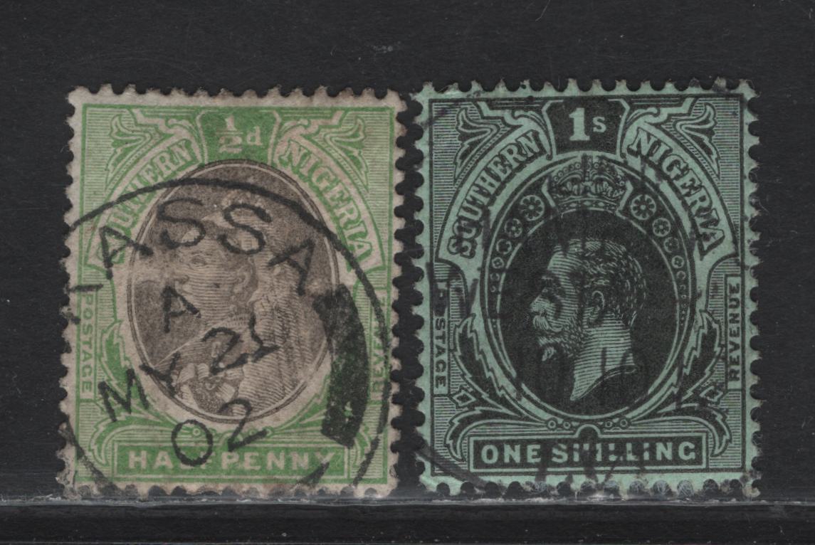 Lot 164 Southern Nigeria (C) SG#1,52 1/2d Grey & Yellow Green & 1/- Black On Green, 1901-1912 Queen Victoria & King George V Issues, 2 F&VF Used Singles With SON Akassa & Hamburg West Afrika Line Ship Cancel