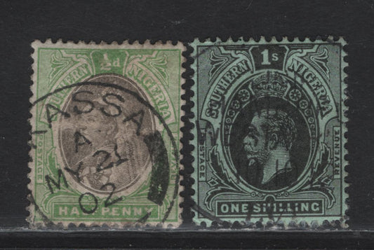 Lot 164 Southern Nigeria (C) SG#1,52 1/2d Grey & Yellow Green & 1/- Black On Green, 1901-1912 Queen Victoria & King George V Issues, 2 F&VF Used Singles With SON Akassa & Hamburg West Afrika Line Ship Cancel