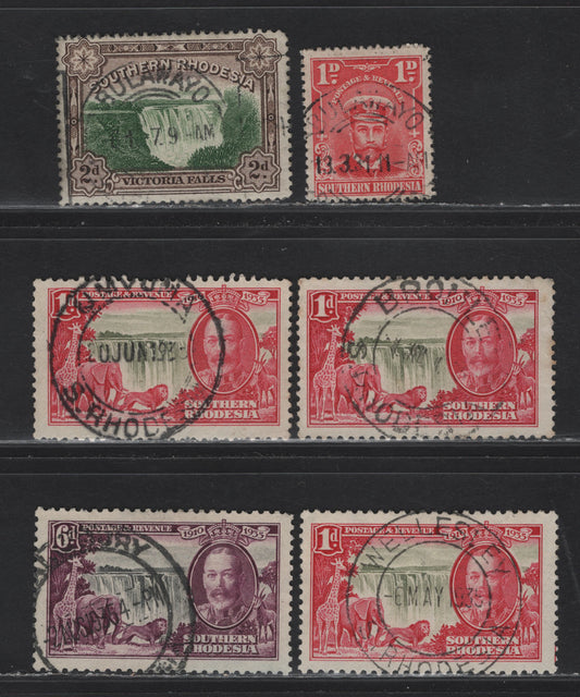 Lot 165 Southern Rhodesia (C) SG#2,29,31,34 1d Rose - 6d Black & Purple, 1924-1929 Admiral Issue - 1935 Silver Jubilee Issues, 6 F&VF Used Singles All With SON Readable Cancels Incl. Bulawago, Bromley, Salisbury, Wellesley, Umuuma