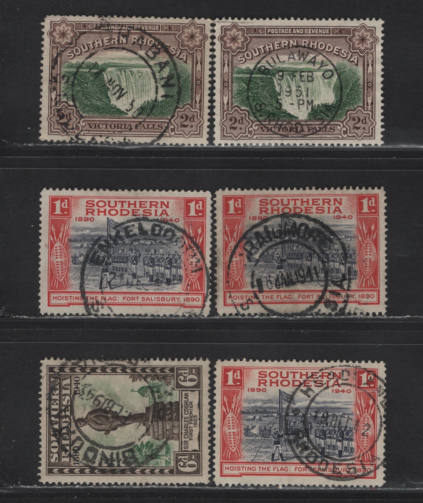 Lot 166 Southern Rhodesia (C) SG#35a, 54, 59, 1935-1941 Victoria Falls Definitives - 1940 Golden Jubilee Issues, 6 VF Used Singles All With SON Town Cancels Incl. Bulawago, Shabani, Bindura, Enkeldoorn & Raigmoore