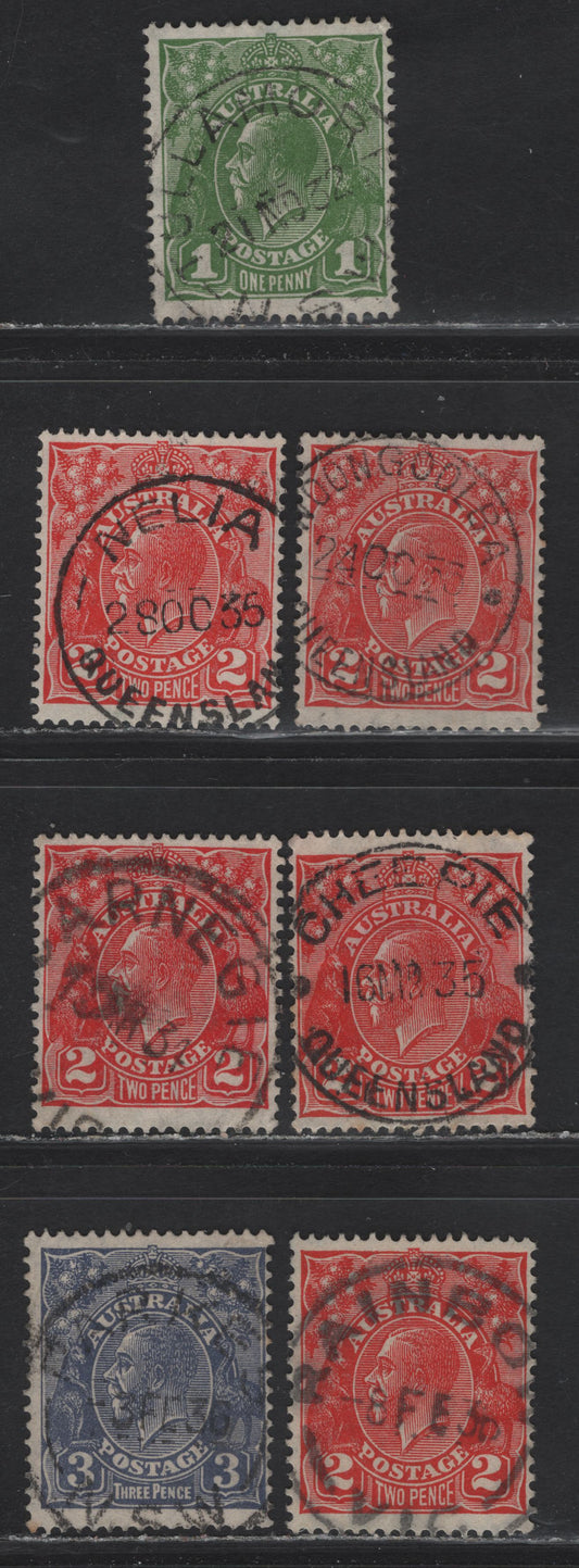 Lot 17 Australia (C)  SG#125, 127,a, 128 1d - 3d Green - Ultramarine King George V, 1931-1936 KGV Head Issue, 6 Fine/Very Fine Used Singles, CDS Town Cancels, C of A Wmk