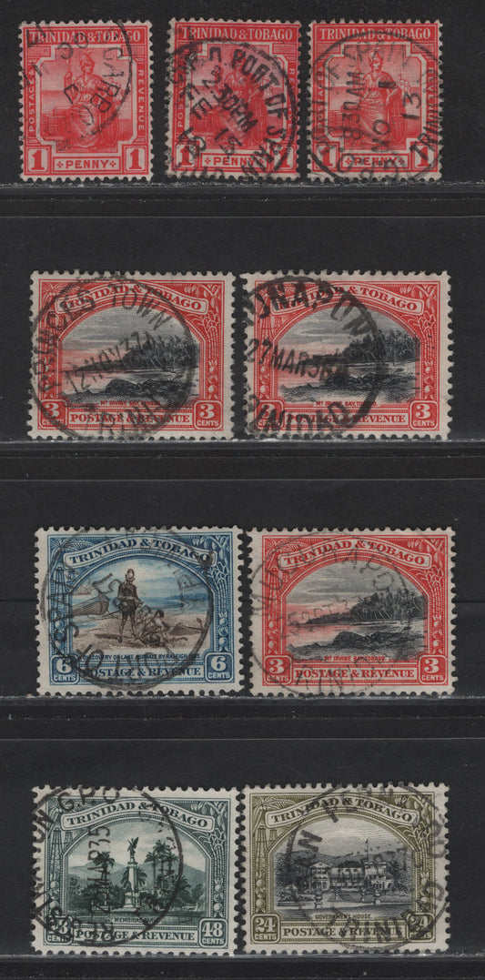 Trinidad & Tobago (C) , 1913-1923 Britainia Issue - 1935-1937 Pictorials, 9 F&VF Used Singles All With Son Cancels Incl. Port Of Spain, GPO Port Of Spain, Tunapona(Scarce), Registration GPO, San Fernano, Princes Town(Scarce) & Mucurapo