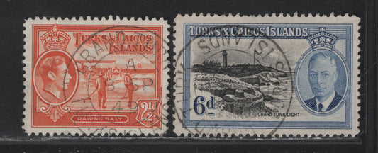 Lot 172 Turks & Caicos (C) SG#199a,228 2 1/2d Orange, 6d Black & Blue, 1938-1945 King George VI Raking Salt, 1950 Pictorial Issues, 2 VF Used Singles Both With SON Grand Turk Cancels