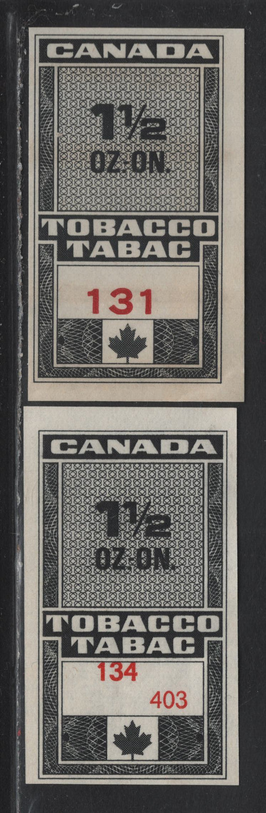 Lot 175 Canada (C) Ryan#RN302 1.5oz Black & Red Tobacco, 1971 Tobacco Issue, 2 Fine/Very Fine Unused Singles, 2 Different Control # Fonts, Which May Be The Difference Between BABN & CBN Printings