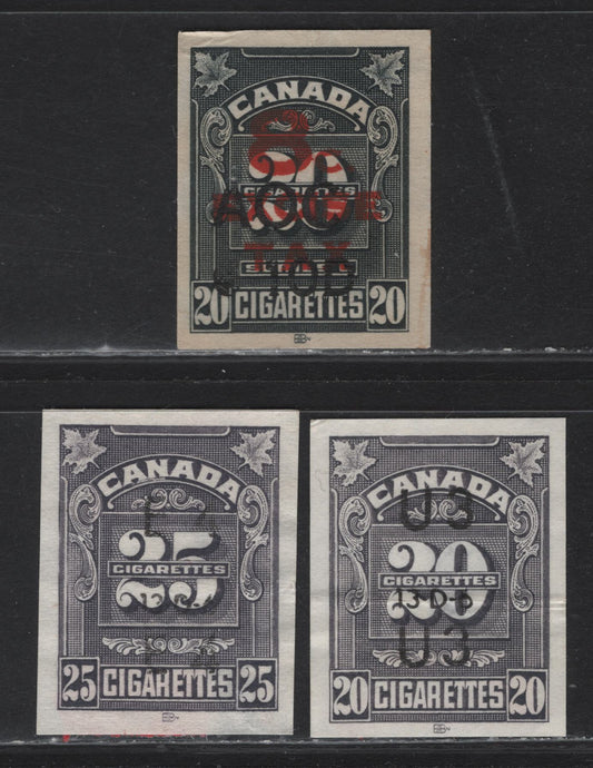 Lot 177 Canada (C) Ryan#RC815, RC817, RC770 20 & 25 Black Cigarettes, 1943-1968 Cigarette Revenue Small Size & BABN Surcharged Issues, 3 Fine Used Singles, Usual Vertical Creases or Shallow Thins