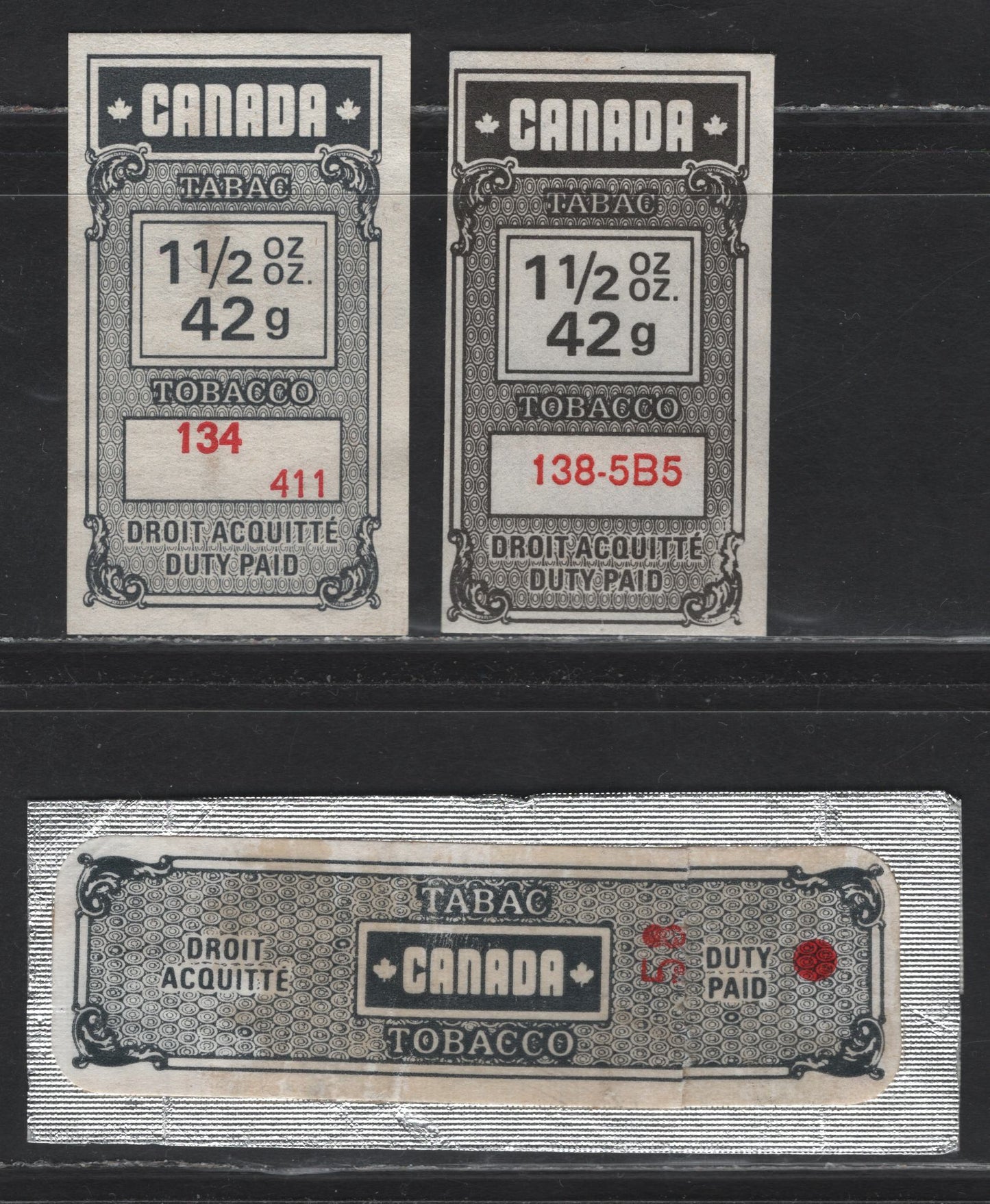 Lot 178 Canada (C) Ryan#Unlisted 1974 Duty Paid Tobacco Issue, 3 Good/Fine/Very Fine Used Singles, Unlisted In Ryan, As These Were Produced By the Tobacco Company Themselves, Two Different Control # Fonts On 42g