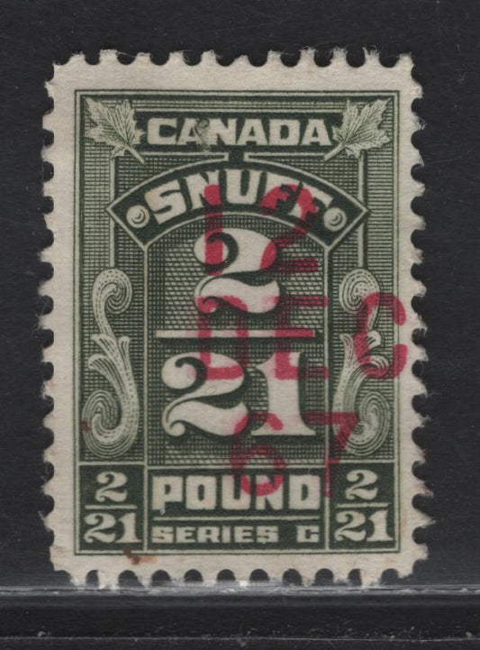Lot 179 Canada Ryan#RS111 2/21lb Olive Green Numeral, 1951 Series Snuff Stamp Issue, A Fine Used Single, Vertical Ribbed Paper, So Very Likely A 1960s Reprint, Just Based On the 12 Dec 67 Overprint Cancellation.