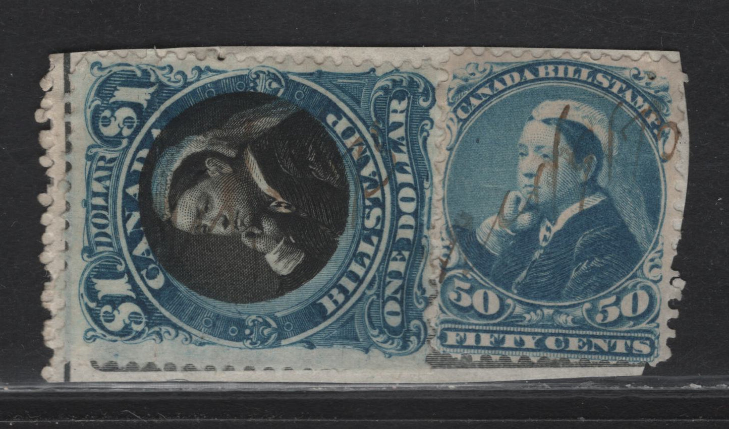 Lot 180 Canada Van Dam#FB51, FB52var 50c - $1 Blue - Blue & Black Queen Victoria, 1868 Third Bill Issue, 2 Fine/Very Fine Used Singles On Single Piece, Cancelled In Pen, With The '$' Showing A Dramatic Shift Of the Vignette Up And To The Right