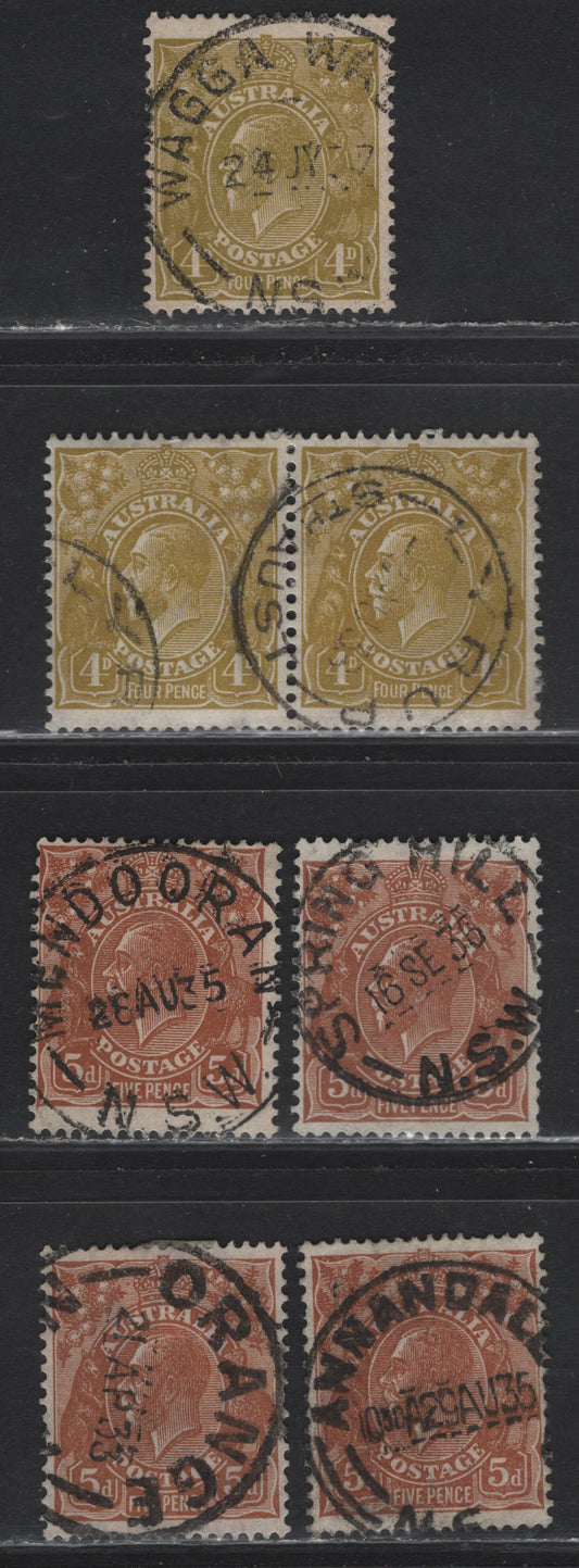 Lot 18 Australia (C)  SG#129-130 4d - 5d Yellow Olive - Orange Brown King George V, 1931-1936 KGV Head Issue, 6 Fine Used Singles & Pair, SON Town Cancels, C of A Wmk