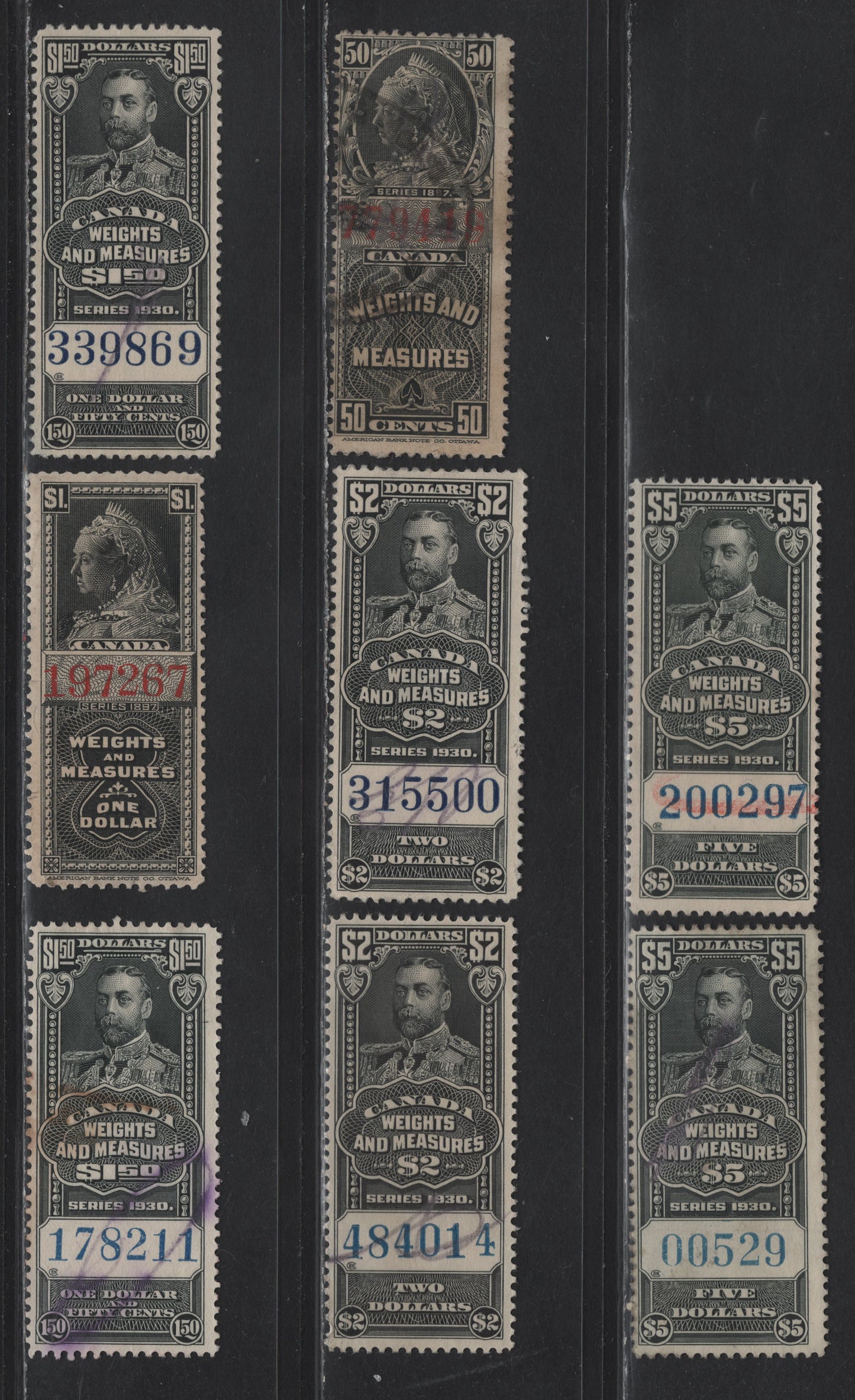 Lot 183 Canada Van Dam#FWM39, FWM41, FWM68-FWM70 $1 - $5 Black Weights & Measures, 1897-1930 Weights & Measures Issues, 8 Very Good/Fine/Very Fine Used Singles, 1897 Has The Red Control #s, $1 Has A Tear, 1930's Has Both Light & Dark Blue Control #