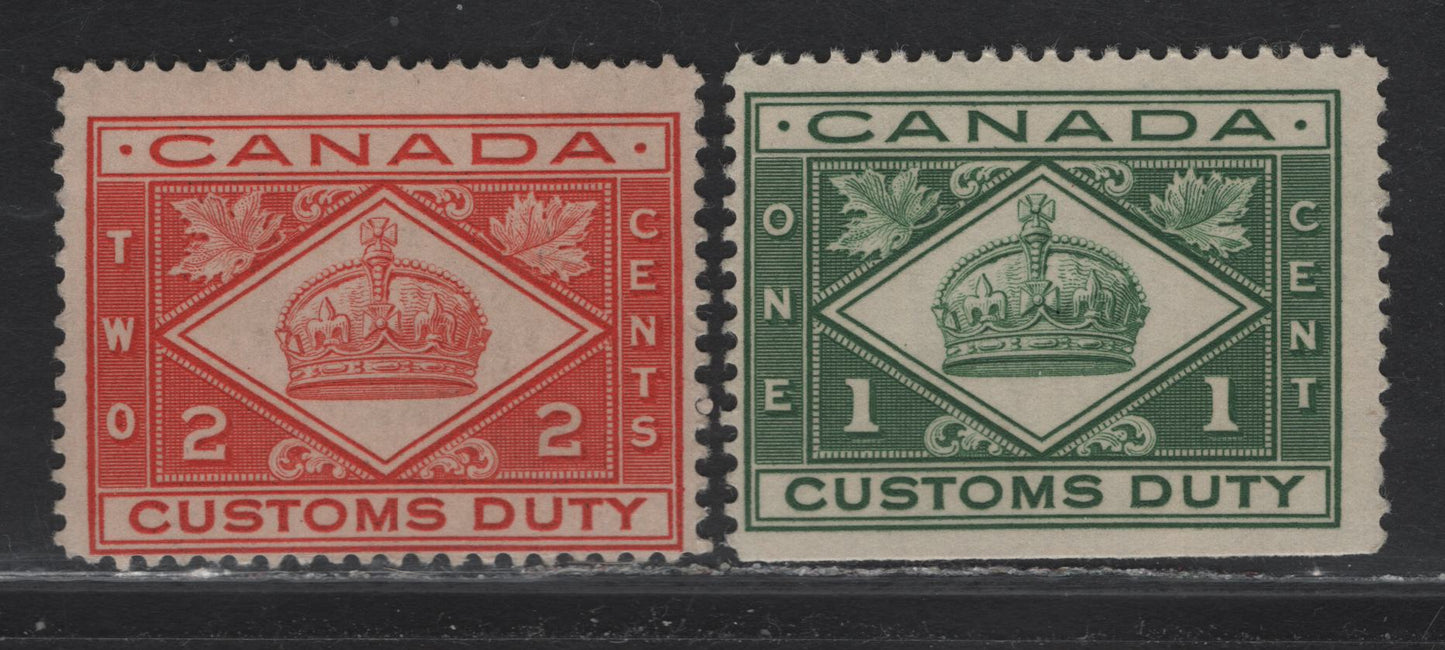 Lot 185 Canada #FCD1-2 1c - 2c Green - Vermillion Crown, 1914-1935 Customs Duty Issue, 2 FOG Singles, Dry Printing
