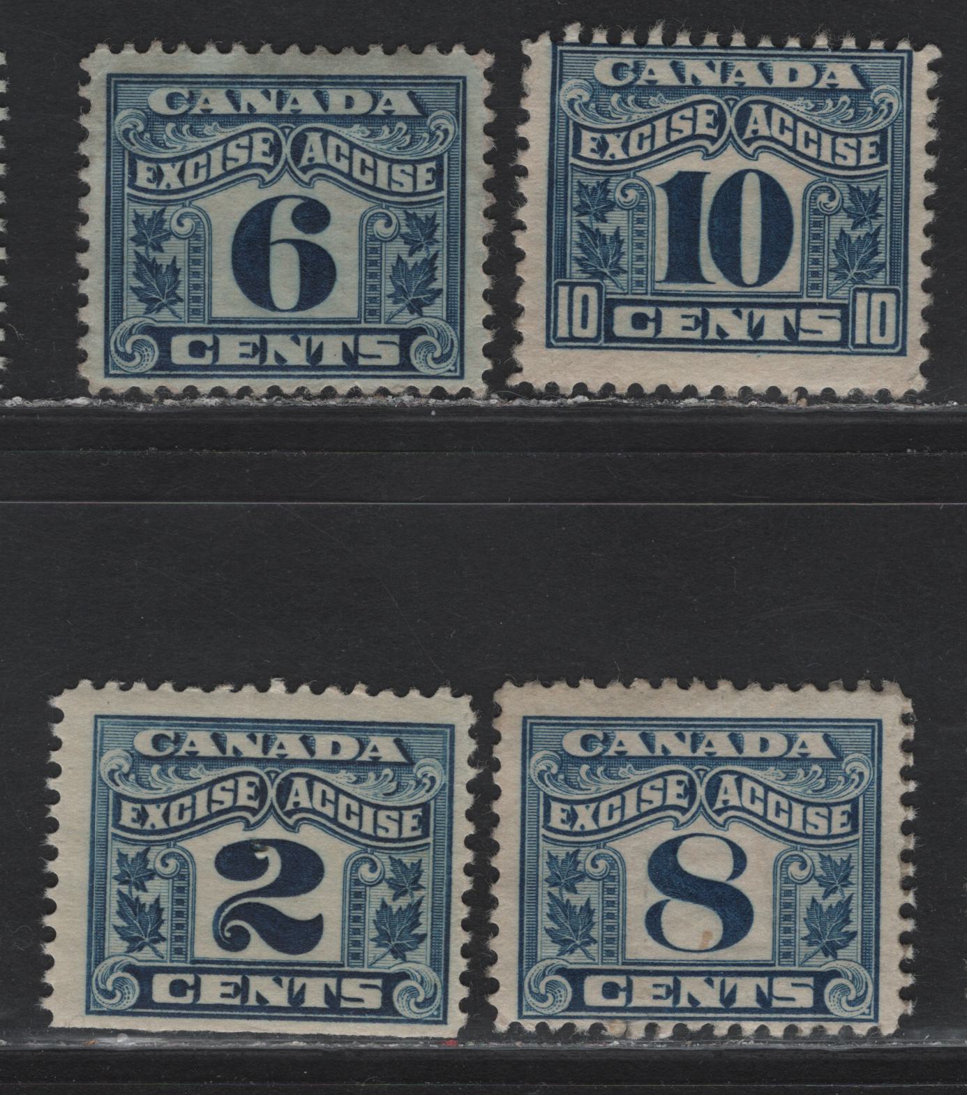 Lot 189 Canada Van Dam#FX36, FX40-42 2c - 10c Blue Numeral, 1915-1928 Two Leaf Excise Tax Issue, 4 Very Fine Used Singles, Dry Printings