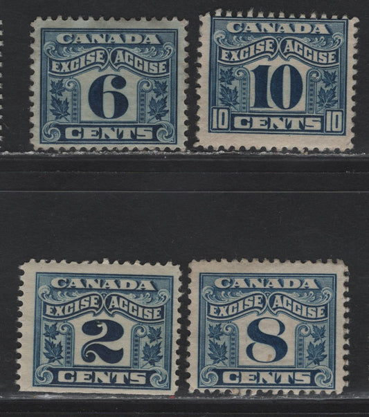 Lot 189 Canada Van Dam#FX36, FX40-42 2c - 10c Blue Numeral, 1915-1928 Two Leaf Excise Tax Issue, 4 Very Fine Used Singles, Dry Printings