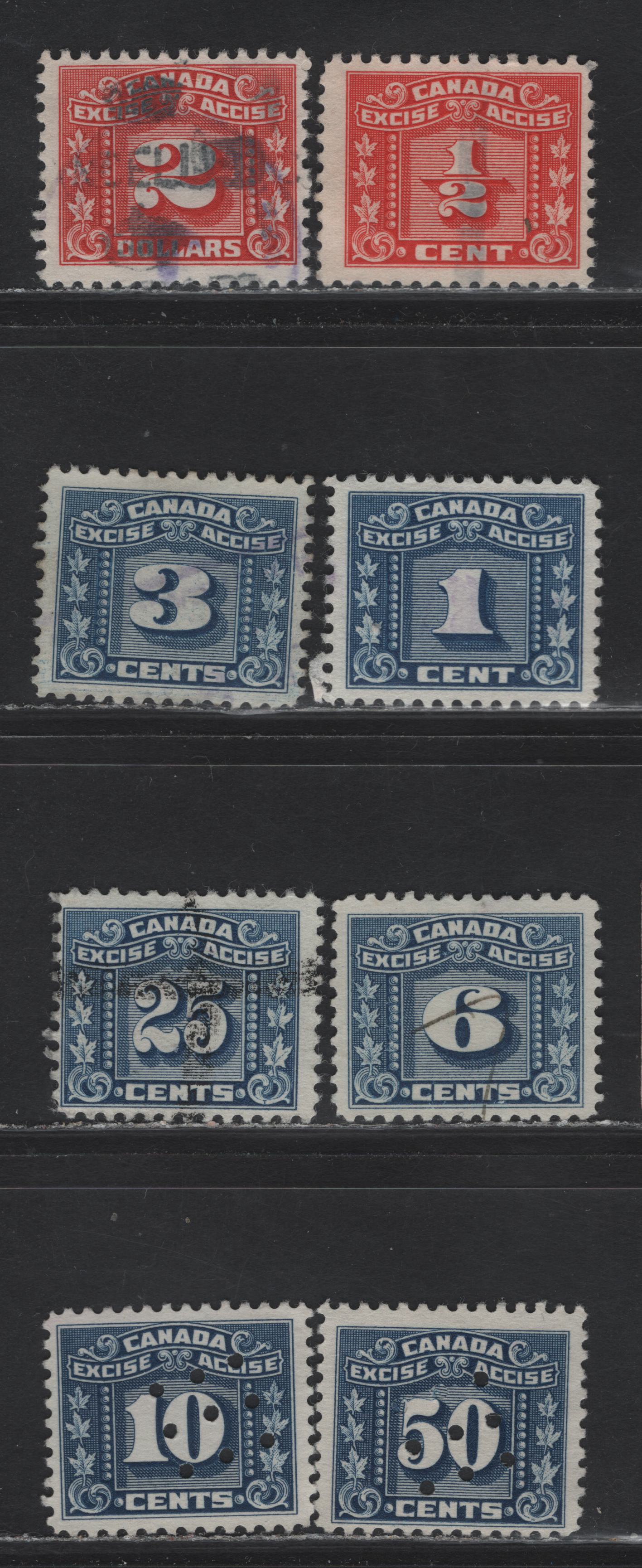 Lot 191 Canada Van Dam#FX60-FX61, FX64, FX67, FX78, FX71, FX80, FX86 1/2c - $2 Red Numeral, 1934-1948 Three Leaf Excise Tax Issue, 22 Very Good/Fine/Very Fine Used Singles