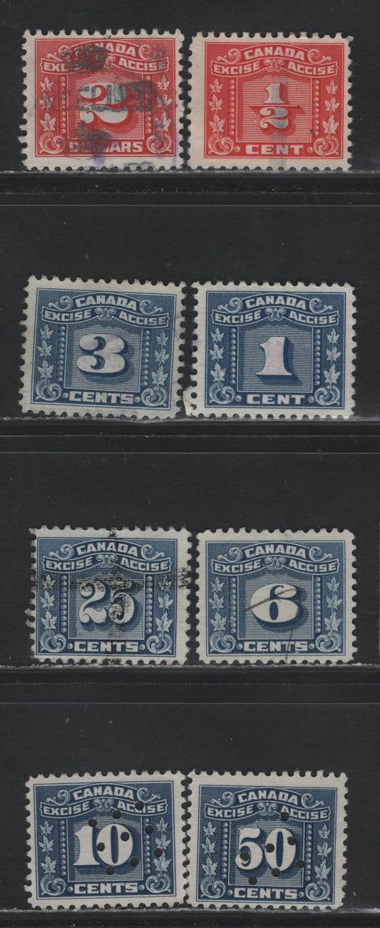 Lot 191 Canada Van Dam#FX60-FX61, FX64, FX67, FX78, FX71, FX80, FX86 1/2c - $2 Red Numeral, 1934-1948 Three Leaf Excise Tax Issue, 22 Very Good/Fine/Very Fine Used Singles