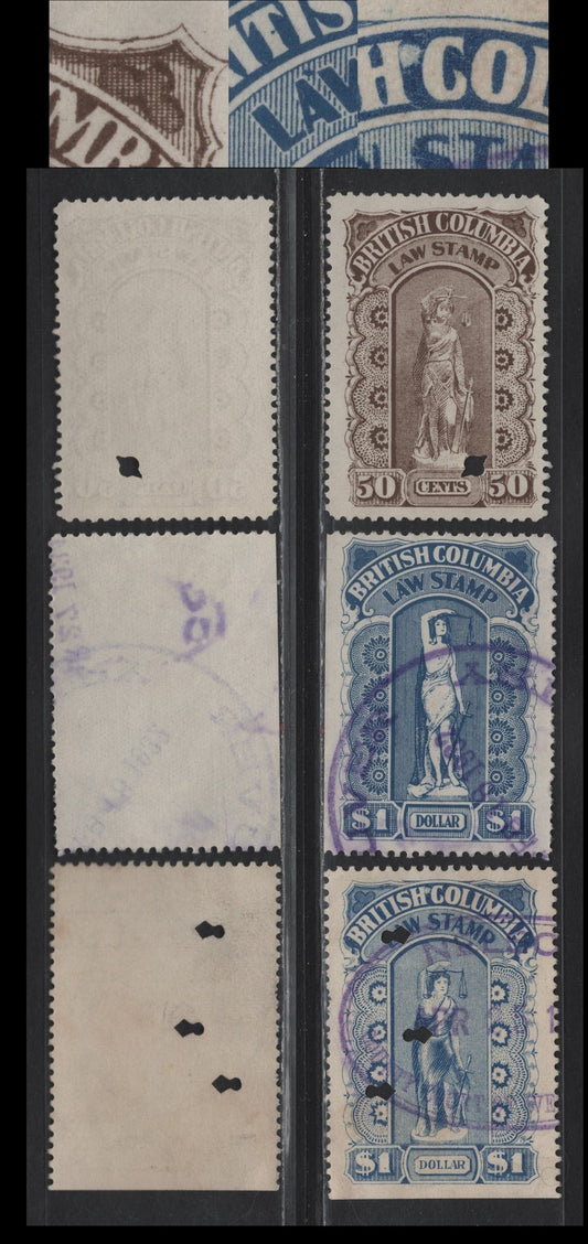 Lot 194 Canada Van Dam#BCL14, BCL26, BCL40var 50c - $1 Brown - Blue Liberty, 1893-1948 Third, Fifth & Eigth Law Series, 3 Very Fine Used Singles, Showing Unlisted Plate Flaws, Which May Or May Not Be Constant