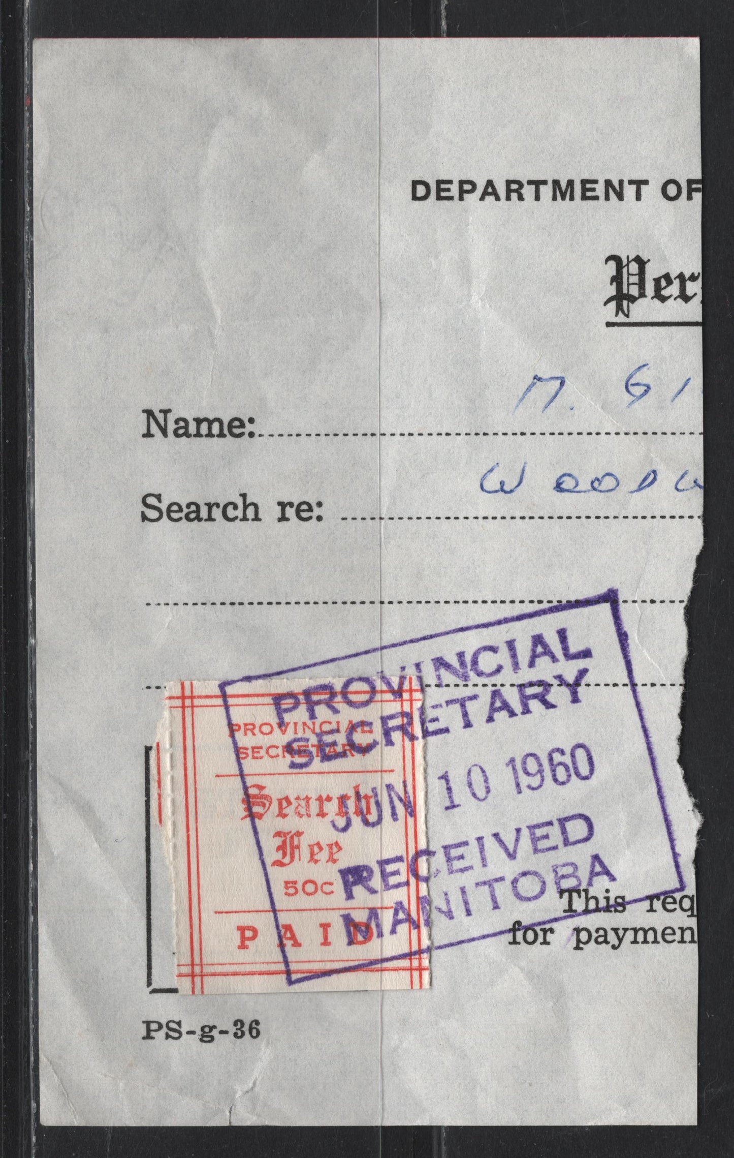 Lot 195 Canada Van Dam#MS6 50c Red , 1950 Provincial Secretary Search Fee Issue, A Very Fine Used Single, Document Cancelled With Violet Boxed June 10 1960 Provincial Secretary Handstamp, Province Of Manitoba