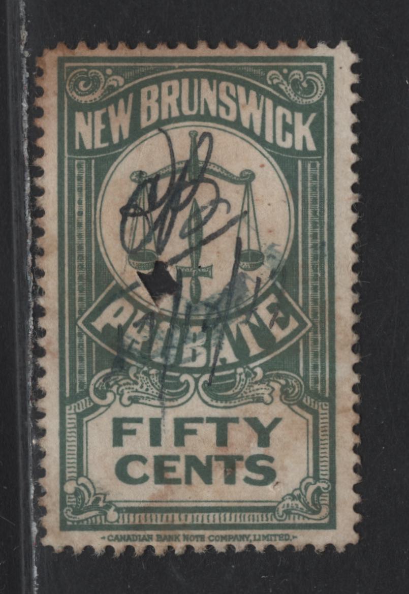 Lot 197 Canada (C) Van Dam#NB16p 50c Dull Green Scales, 1934 Lithographed Probate Issue, A Fine Used Single, Province Of New Brunswick, Needs A Good Soak To Freshen It Up, Punch Cancel & Small Pinhole.
