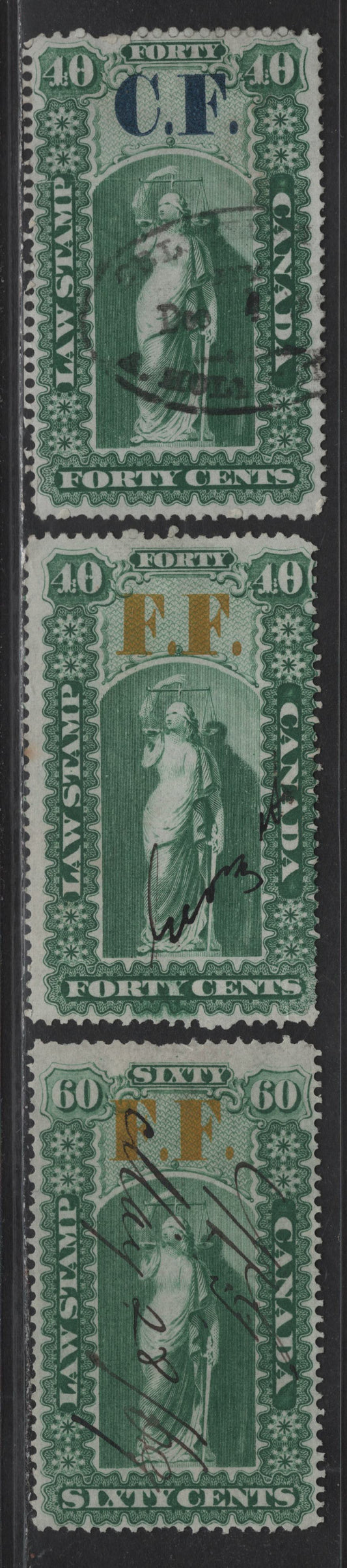 Lot 198 Canada Van Dam#OL5, OL20, OL22 40c - 60c Green Liberty & Scales, 1864 Overprinted CF & PF Law Issue, 3 Very Good/Fine Used Singles, OL5 Has Some Horizontal Wrinkles, Province of Ontario