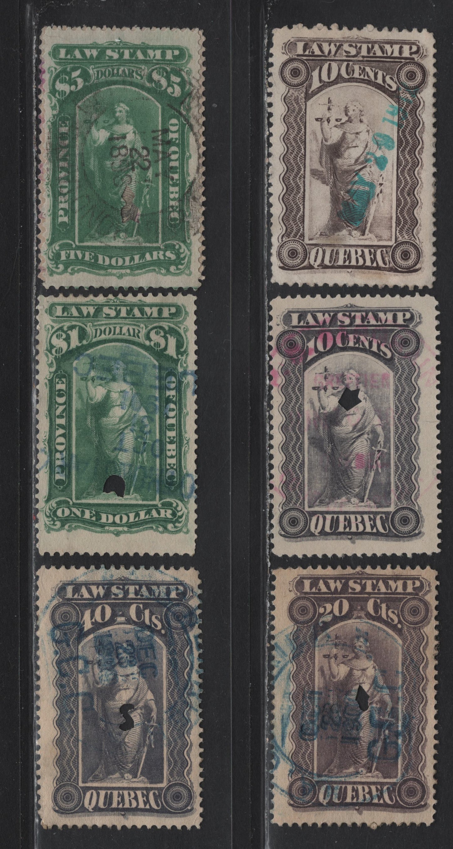 Lot 200 Canada Van Dam#QL32/QL51 10c - $5 Gray Violet - Green Liberty & Scales, 1893-1906 Third Law Issue, 6 Fine/Very Fine Used Singles