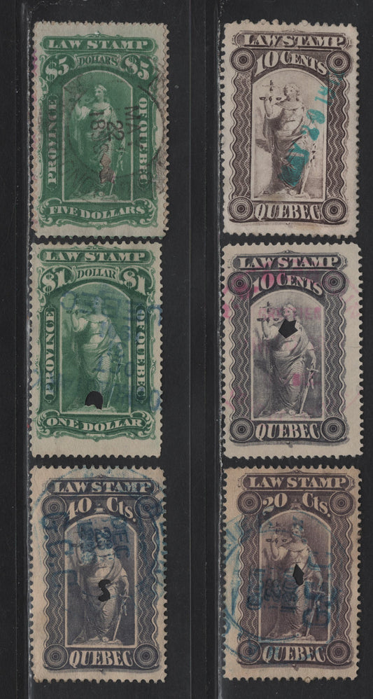 Lot 200 Canada Van Dam#QL32/QL51 10c - $5 Gray Violet - Green Liberty & Scales, 1893-1906 Third Law Issue, 6 Fine/Very Fine Used Singles