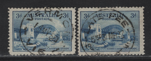 Lot 20 Australia (C)  SG#142 3d Blue Sydney Harbor Bridge, 1932 Sydney Harbor Bridge Issue, 2 Fine/Very Fine Used Singles, SON Late-Fee And Vermo, Victoria CDS Cancels