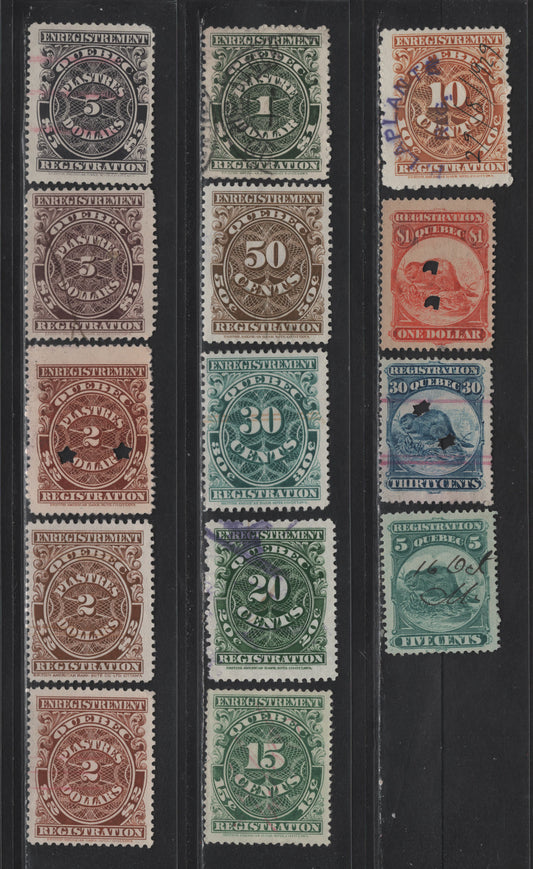 Lot 201 Canada Van Dam#QR5/QR25 10c - $5 Blue Green - Purple , 1870-1912 Beaver Design Registered - Registration Issues, 14 Fine/Very Fine Used Singles
