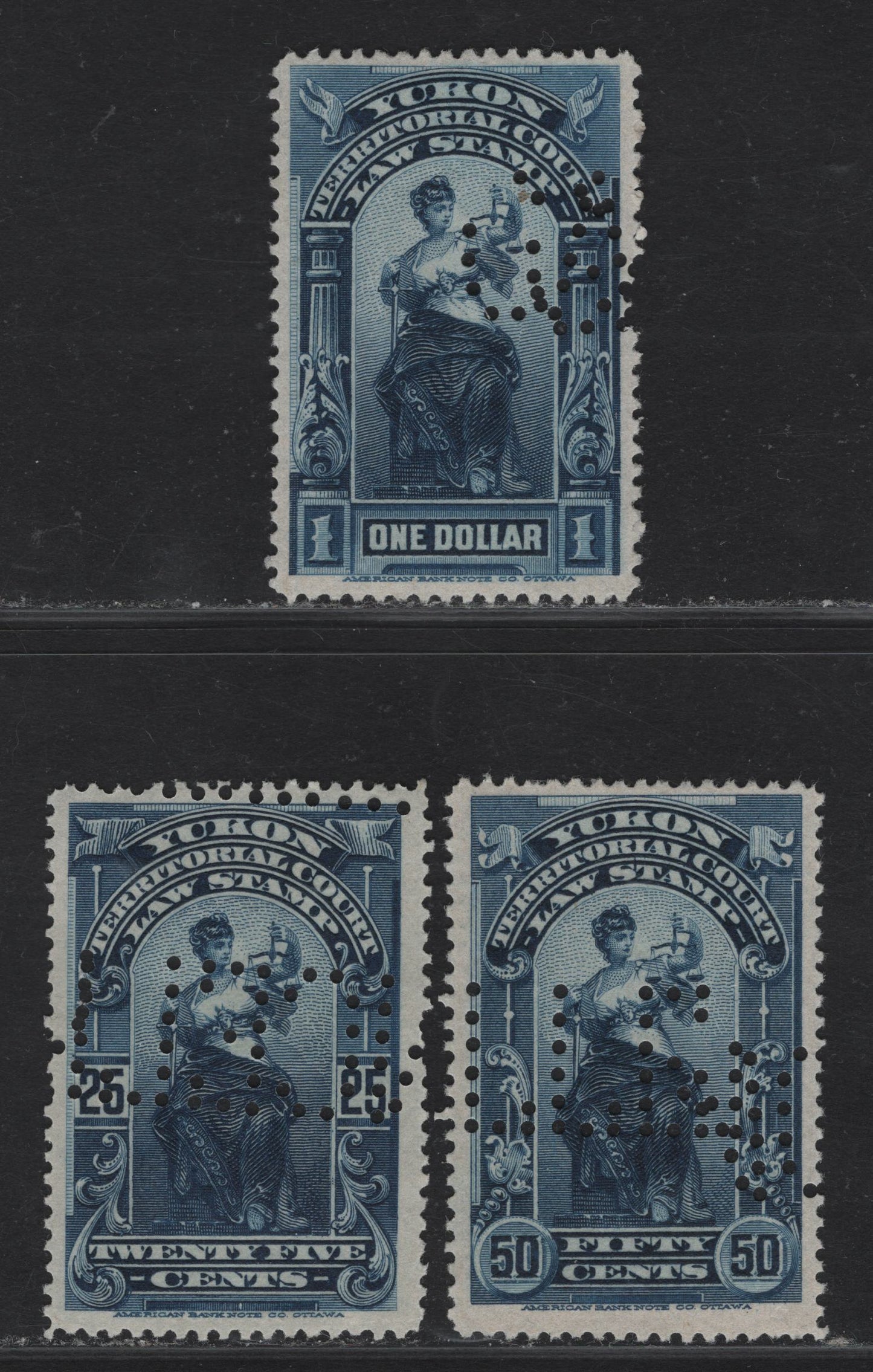 Lot 203 Canada Van Dam#YL8-YL10 25c - $1 Blue Liberty & Scales, 1902-1910 Law Issue, 3 Fine/Very Fine Used Singles