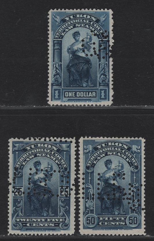 Lot 203 Canada Van Dam#YL8-YL10 25c - $1 Blue Liberty & Scales, 1902-1910 Law Issue, 3 Fine/Very Fine Used Singles