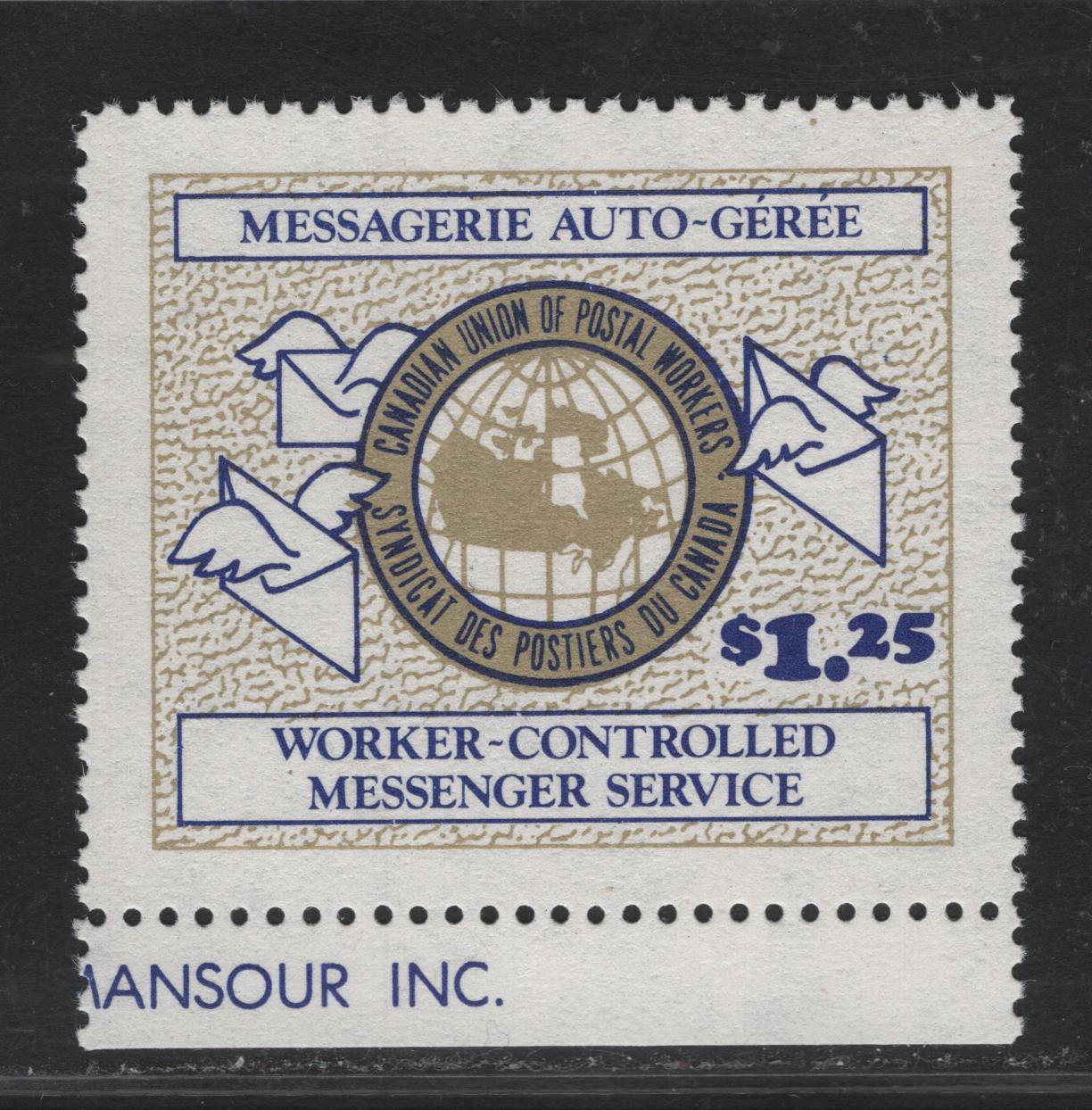 Lot 206 Canada (C) Lafreniere#CC5510 $1.75 Blue & Bistre Letters & Globe, 1975 Worker Controlled Messenger Service Issue, A VFNH Single, Issued By The Canadian Union Of Postal Workers During The 1975 Postal Strike