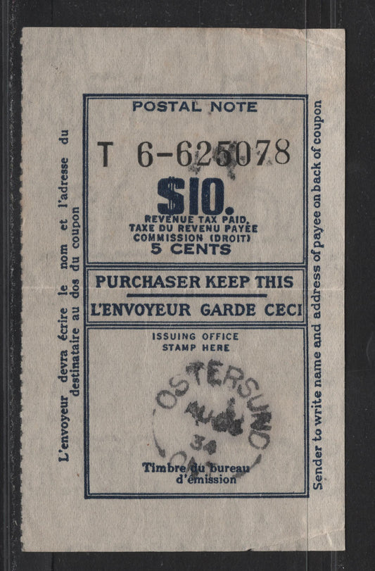 Lot 207 Canada Van Dam, 1934 Postal Note Receipt, A Fine Used Example, Ostersund, Ont August 4 1934 Cancel