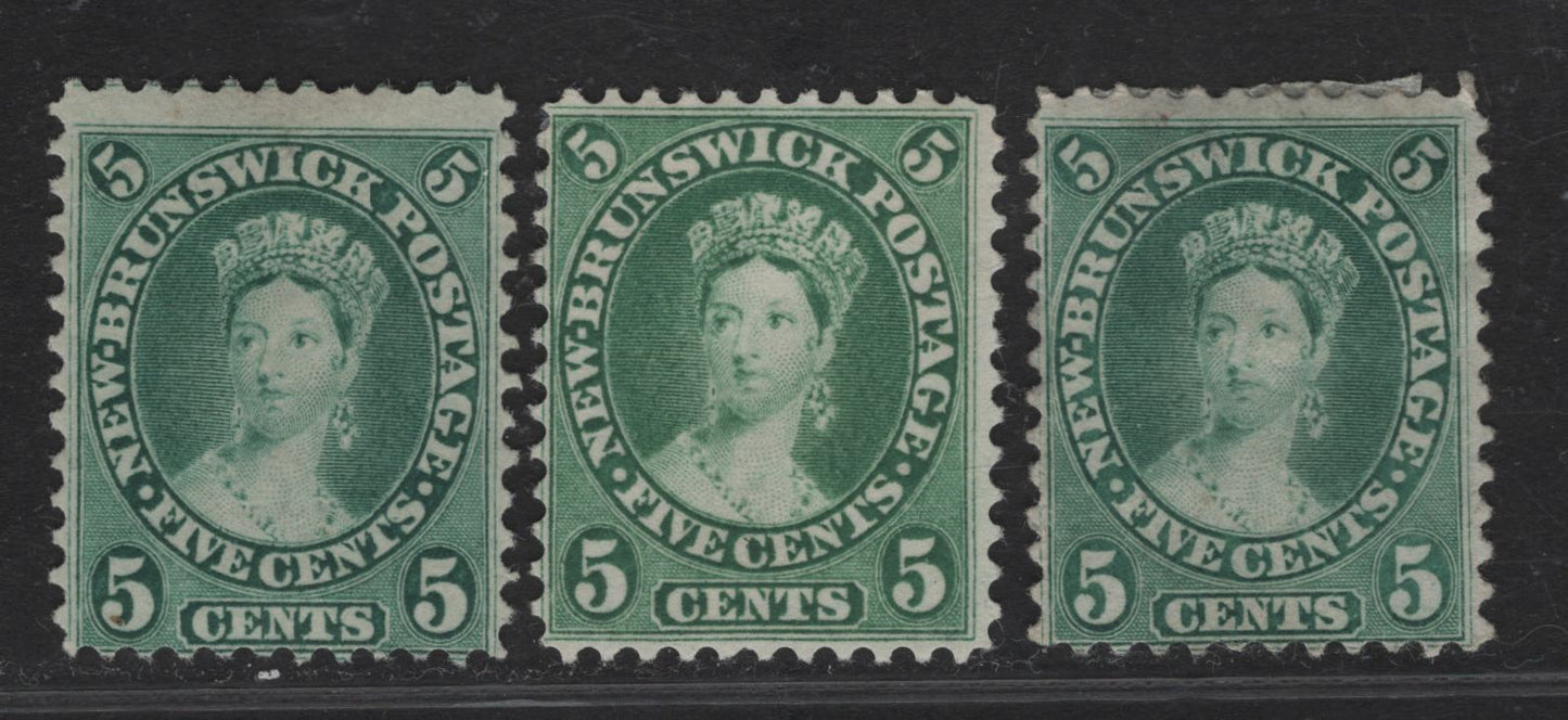 Lot 209 New Brunswick (C) #8, 8a 5c Green, Blue Green & Yellowish Green Queen Victoria, 1860 Cents Issue, 3 Fine/Very Fine Unused Singles, Papers Cents-K & Cents-A, Perfs 11.75 & 12