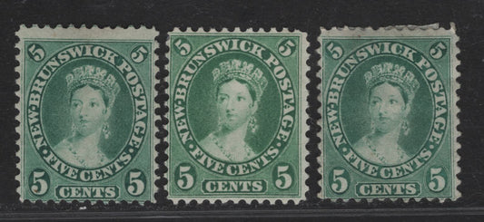 Lot 209 New Brunswick (C) #8, 8a 5c Green, Blue Green & Yellowish Green Queen Victoria, 1860 Cents Issue, 3 Fine/Very Fine Unused Singles, Papers Cents-K & Cents-A, Perfs 11.75 & 12