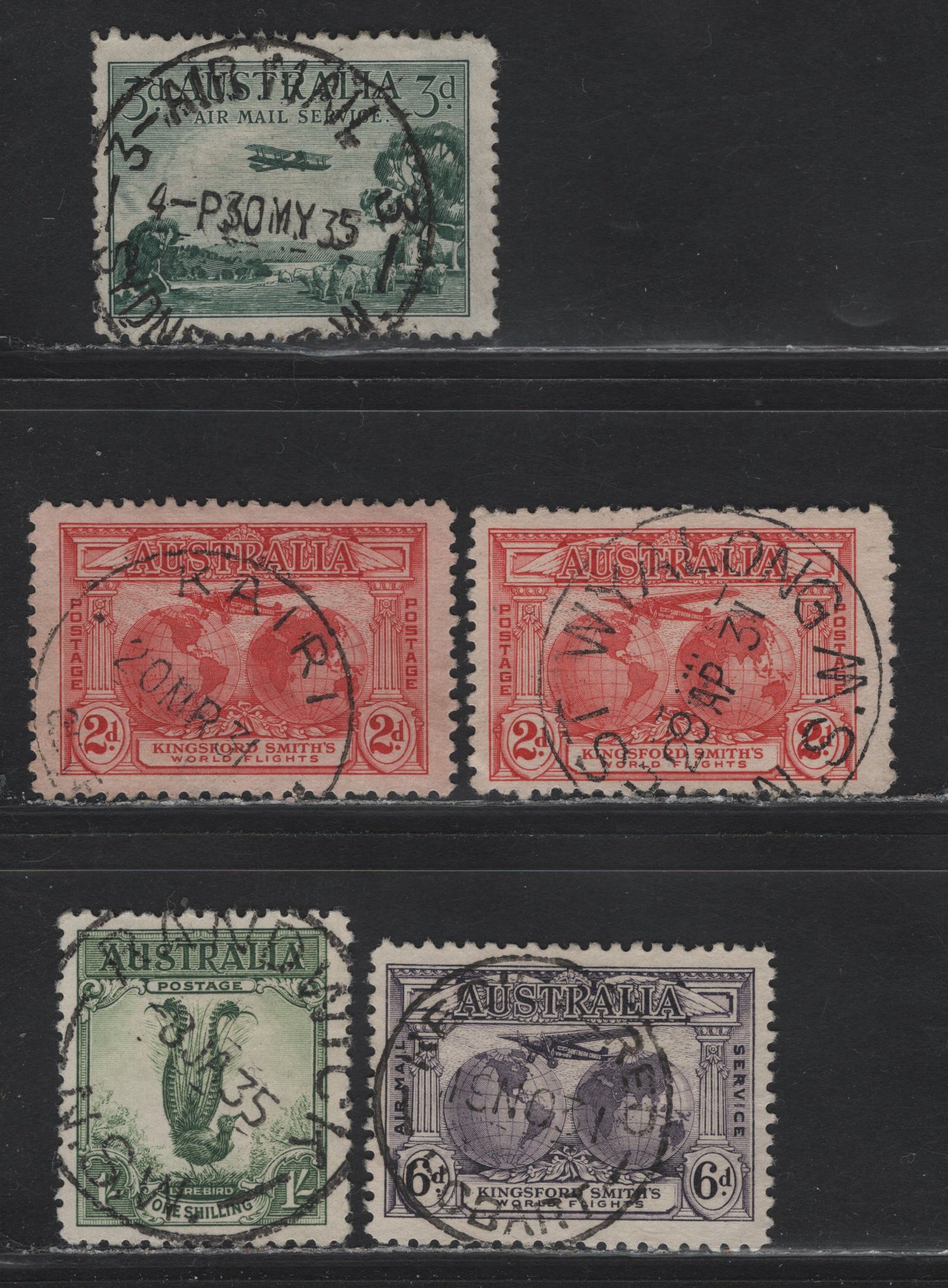 Lot 21 Australia (C)  SG#115, 121, 123, 140 3d - 1/- Green - Green Airmail - Lyrebird, 1929-1932 Airmail - Lyrebird Issues, 5 Fine/Very Fine Used Singles, SON Cancels Including Kairi, Registered Hobert, Randwick, NSW, West Wyalong,NSW & Airmail Sydney