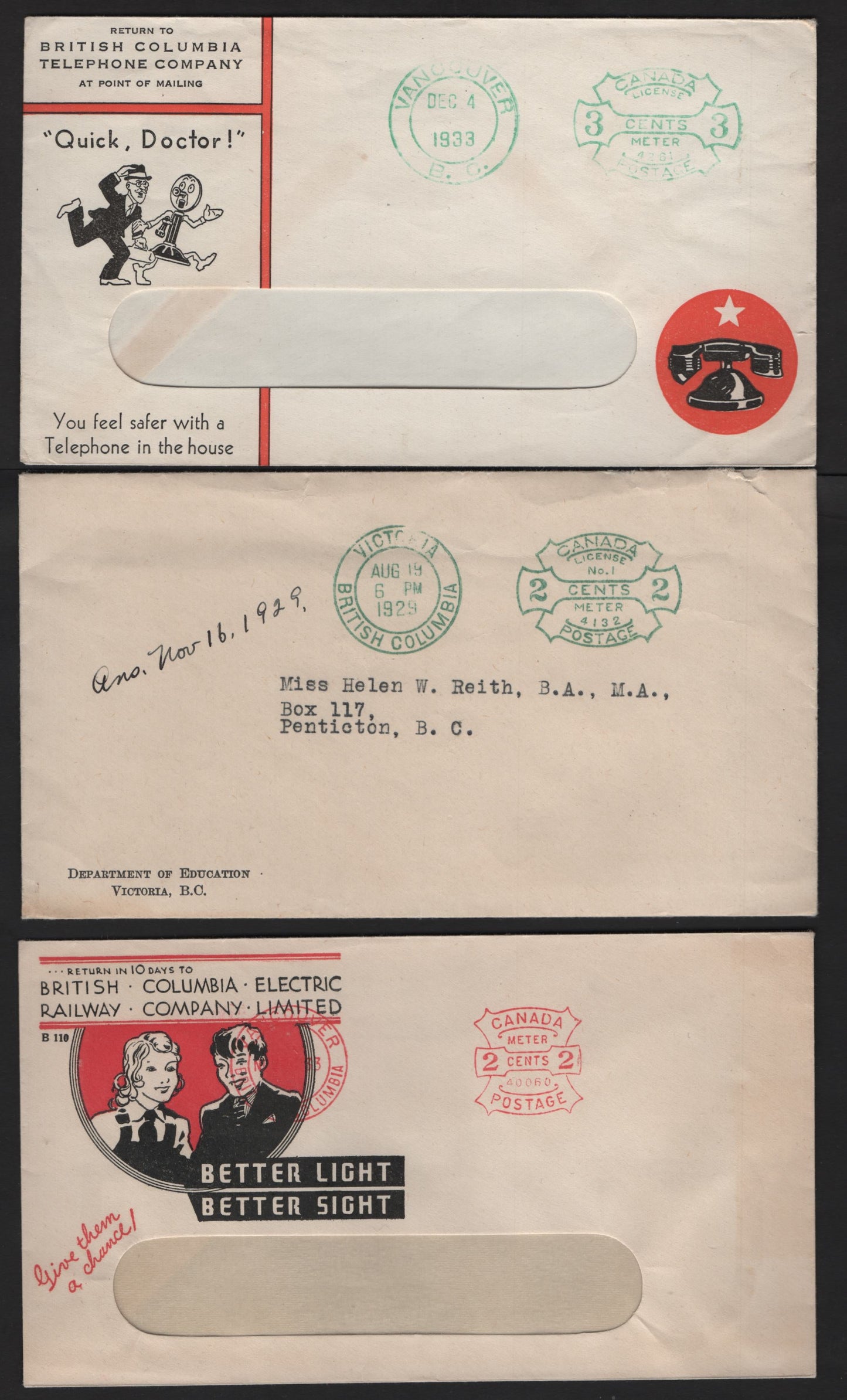 Lot 216 Canada  BC Telephone Company & BC Department Of Education , 1929-1933 A Selection of 3 Early Meter Covers, 3 VF Covers Two With Illustrated Corner Cards, One With Intersting Enclosure