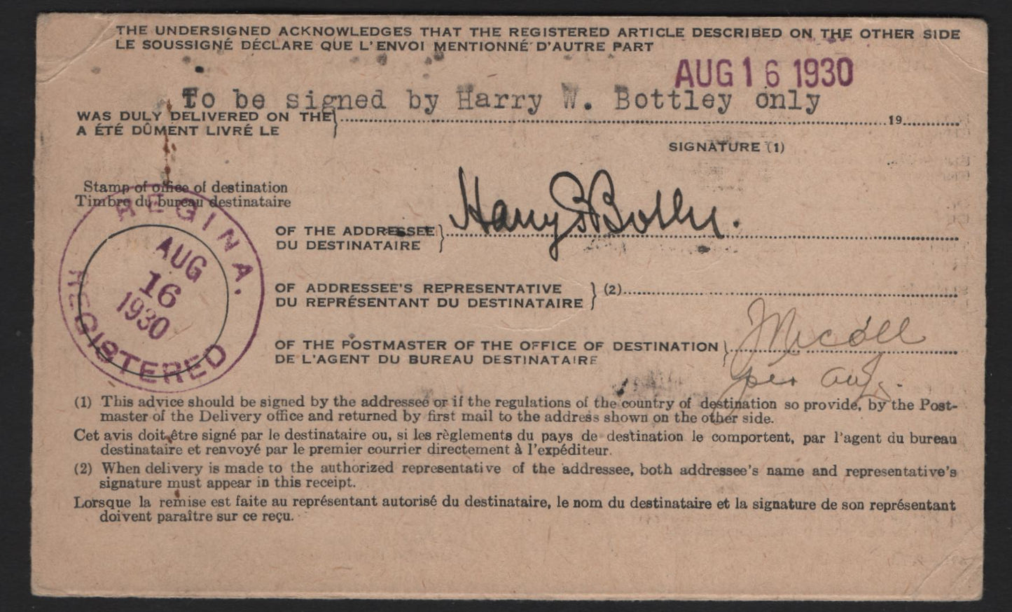 Lot 217 Canada 155 10c Green Mt. Hurd, 1928-1929 Scroll Issue , A Fine Acknowledgement Of Receipt Card Franked With A Single, Cancelled At Regina, August 13 & 16, 1930, Staple Holes Pierce Stamp, Still Scarce