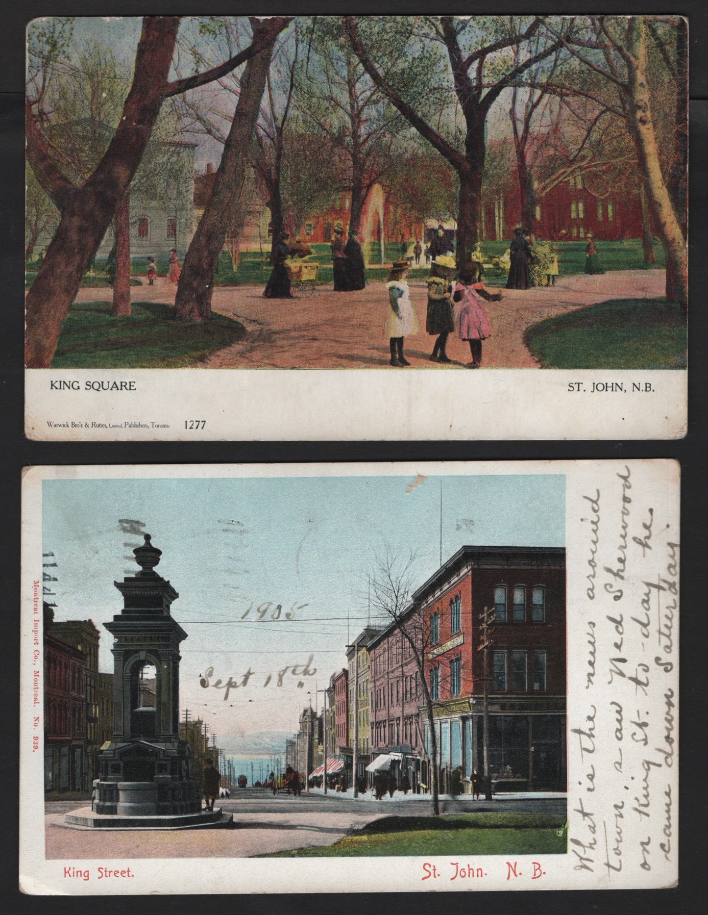 Lot 219 Canada 89ii/89iii 1c Blue Green/Grey Green King Edward VII, 1903-1911  King Edward VII Issue, 2 Fine Picture Postcards Depicting King Square & King Street, Saint John, NB