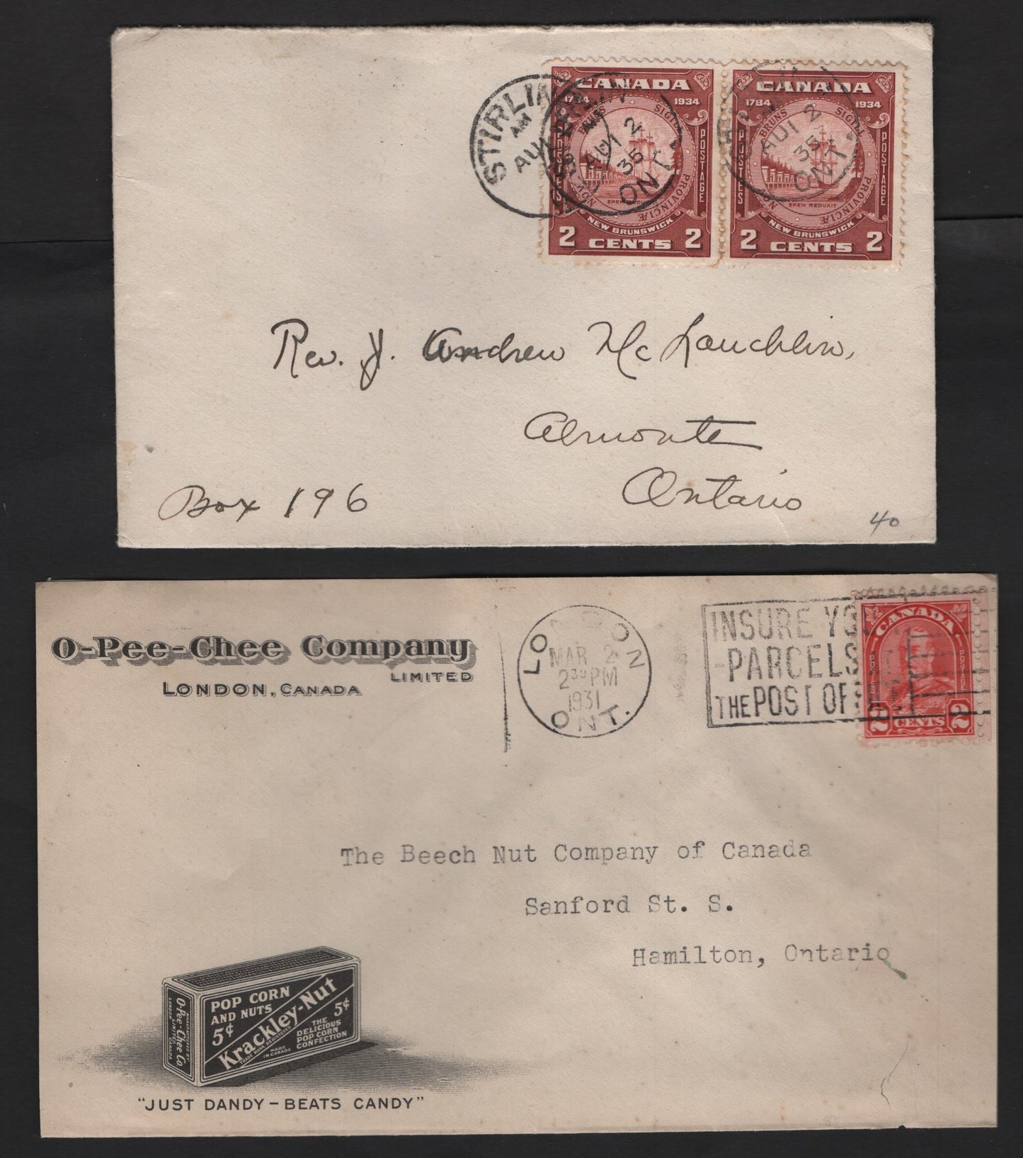 Lot 222 Canada 165a, 210 2c Red & Red Brown King George V & New Brunswick Seal, 1930-1935 Arch & Founding of New Brunswick Issues, 2 VF Domestic Covers One Overweight Rate & City Rate On O-Pee-Chee Advertising Corner Card