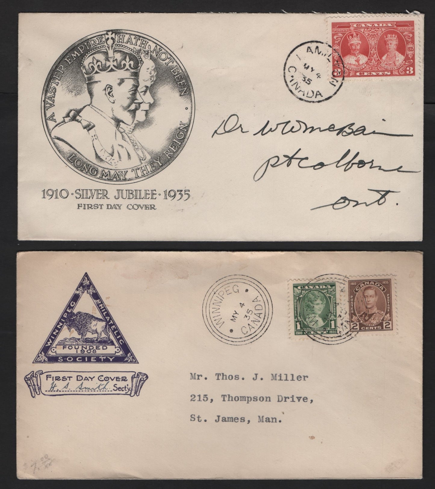 Lot 225 Canada 211-213 1c-3c Green - Carmine Princess Elizabeth - King George V & Queen Mary, 1935 Silver Jubilee Issue, 2 VF First Day Covers Dickenson Unknown Cachet A & Winnipeg Philatelic Society Cachets
