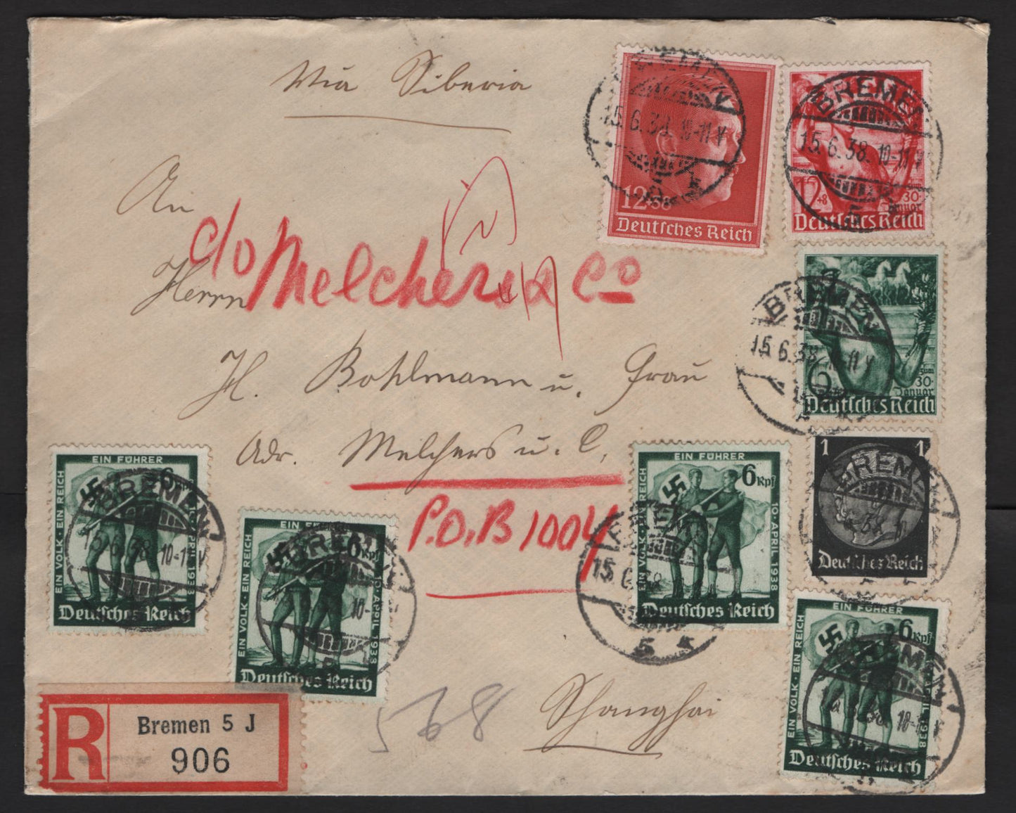 Germany 415, 484, B116-B117, B118 1pf-12 + 38pf Black, Green & Red Various Subjects, 1938 Anschloss, 5th Anniversary of Taking Of Power & Hitler's 49th Birthday Issues, A VF Registered Cover Sent From Bremen to Shanghai, China