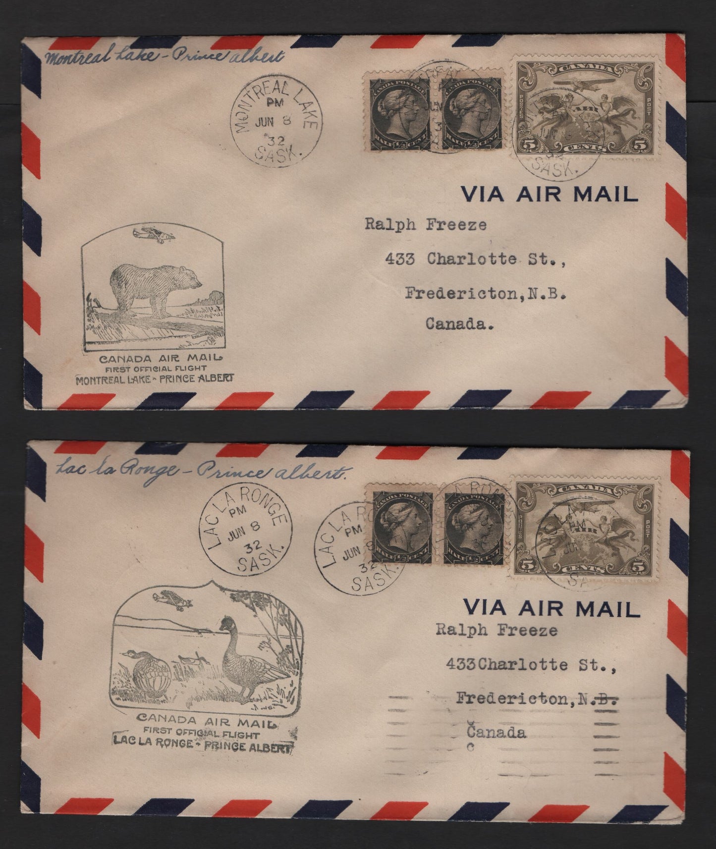 Lot 228 Canada 34, C1 1/2c, 5c Black & Olive Brown 1870-1897 & 1928-1930 Small Queen & Scroll Issues, 4 VF First Flight Covers AAMC#3215b-e Prince Albert-Lac La Ronge Flights, Uprated by 1/2c SQ, One With Gorgeous Re-Entry, C1's All VF Centered