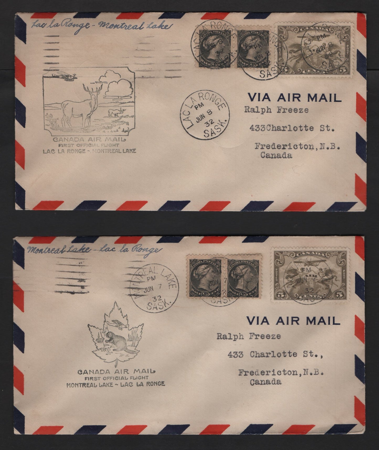 Lot 228 Canada 34, C1 1/2c, 5c Black & Olive Brown 1870-1897 & 1928-1930 Small Queen & Scroll Issues, 4 VF First Flight Covers AAMC#3215b-e Prince Albert-Lac La Ronge Flights, Uprated by 1/2c SQ, One With Gorgeous Re-Entry, C1's All VF Centered