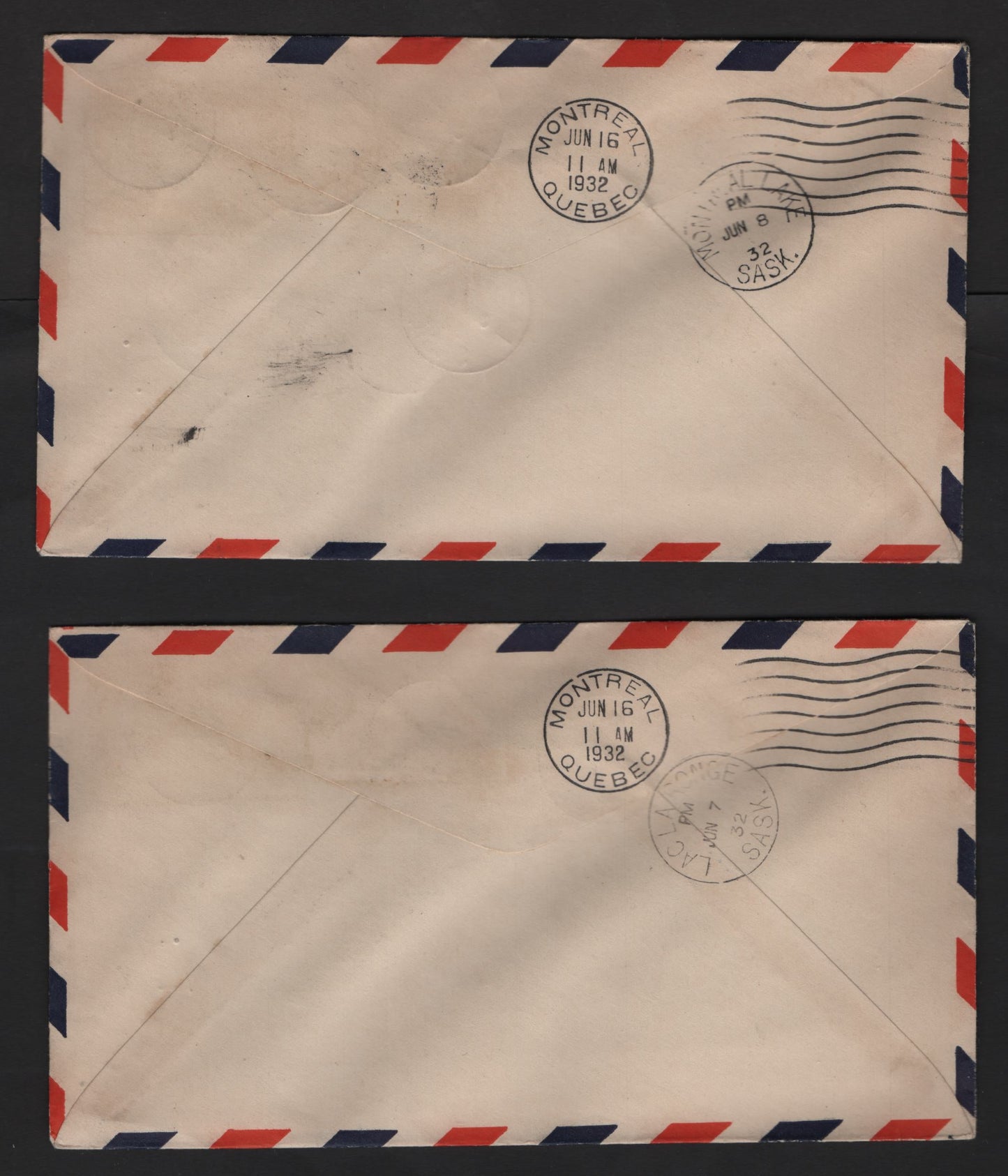 Lot 228 Canada 34, C1 1/2c, 5c Black & Olive Brown 1870-1897 & 1928-1930 Small Queen & Scroll Issues, 4 VF First Flight Covers AAMC#3215b-e Prince Albert-Lac La Ronge Flights, Uprated by 1/2c SQ, One With Gorgeous Re-Entry, C1's All VF Centered