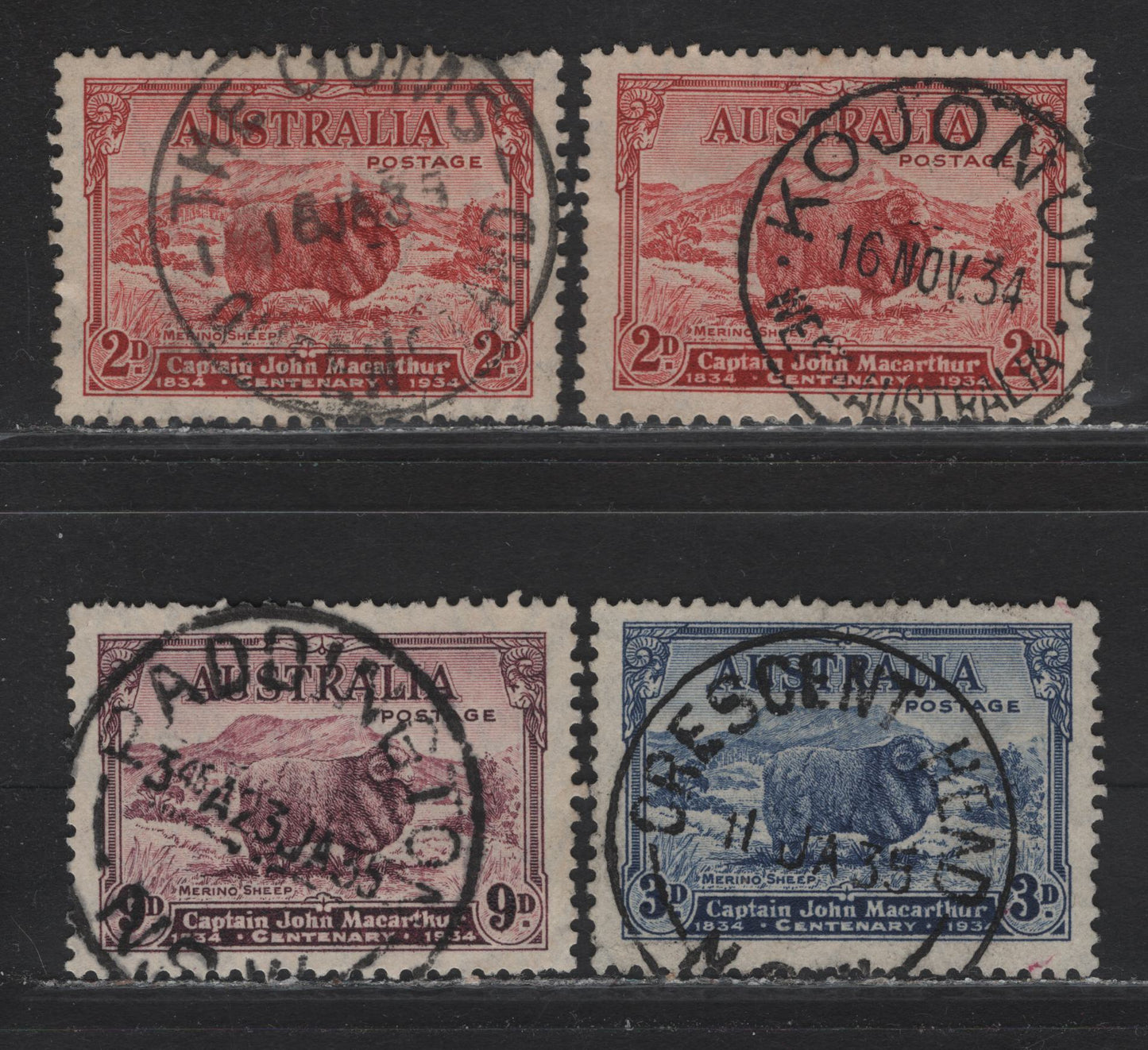 Lot 23 Australia (C)  SG#150-152 2d - 9d Carmien Red - Purple Macarthur, 1934 Macarthur Issue, 4 Fine/Very Fine Used Singles, SON Town Cancels Including Kojonup, WA, The Goms, QLD, Crescent Head NSW & Paddington NSW