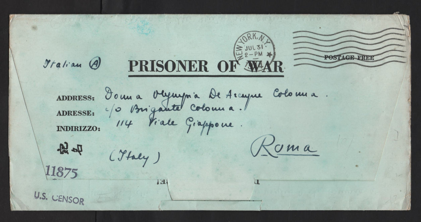 Lot 232 United States Of America Unlisted  Black On Light Blue , 1944 , A VF Prisoner Of War Folded Letter Sent From New York to Italy