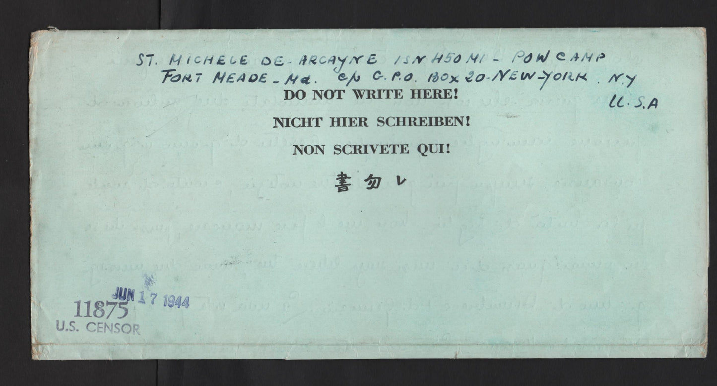 Lot 232 United States Of America Unlisted  Black On Light Blue , 1944 , A VF Prisoner Of War Folded Letter Sent From New York to Italy