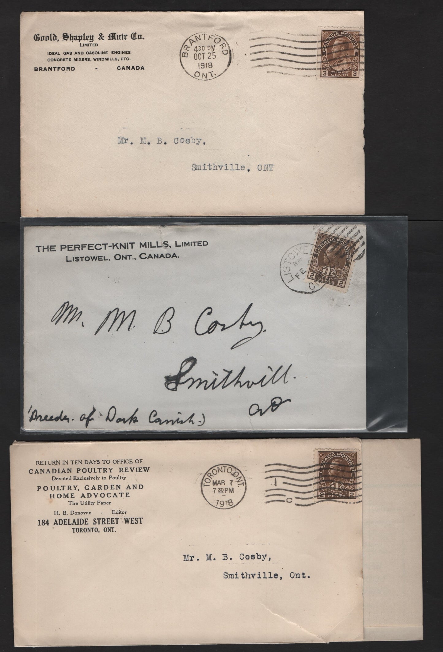 Lot 235 Canada 108, MR4 2c +1c, 3c Dark Brown King George V, 1911-1927 Admiral Issue, 6 F-VF Covers All With Different Business Corner Cards