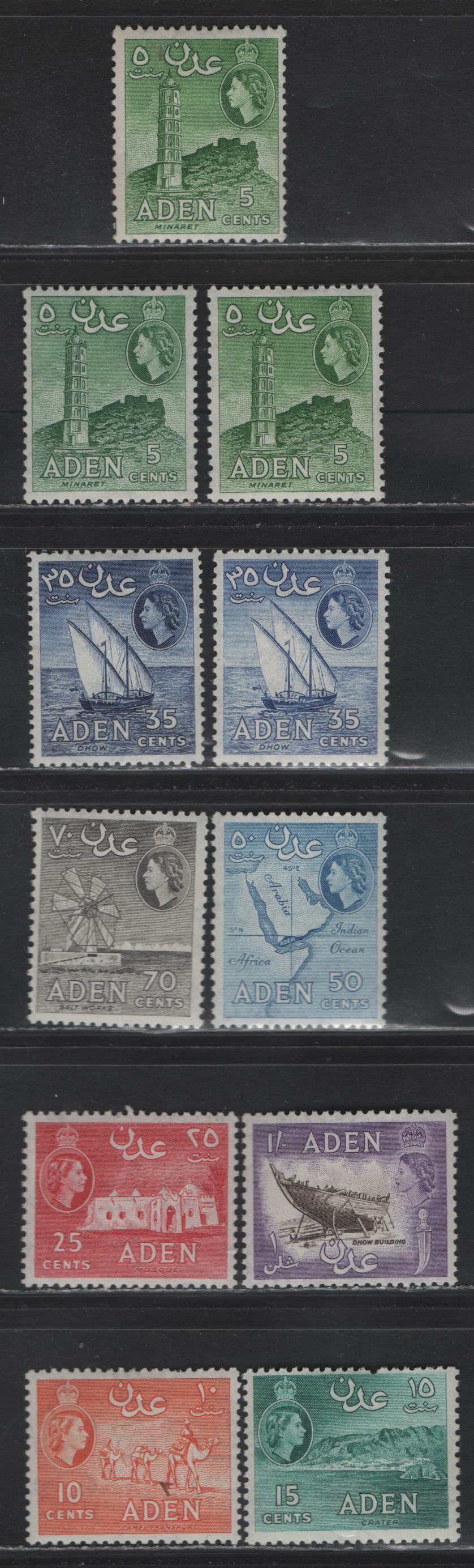 Lot 236 Aden (C) SG#48-50,52,55a,56,57a,58,60,62 5c Yellowish Green - 1/- Sepia & Reddish Violet, 1953-1963 Queen Victoria II Definitives, 11 F&VF OG&NH Singles