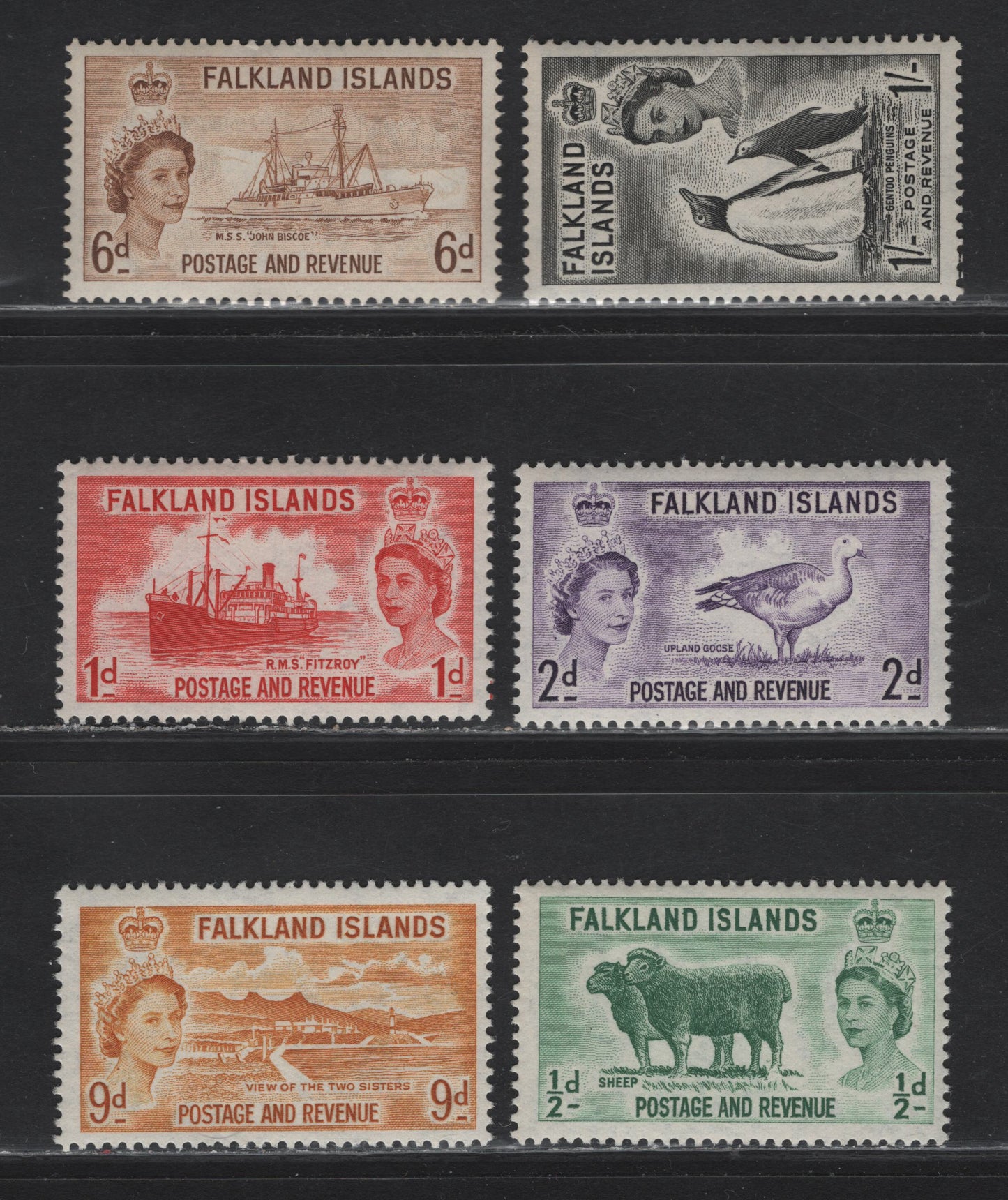 Lot 248 Falkland Islands (C) SG#187-192 1/2d Green - 1/- Black, 1955-1957 Pictorial Definitives, 6 F&VF NH Singles