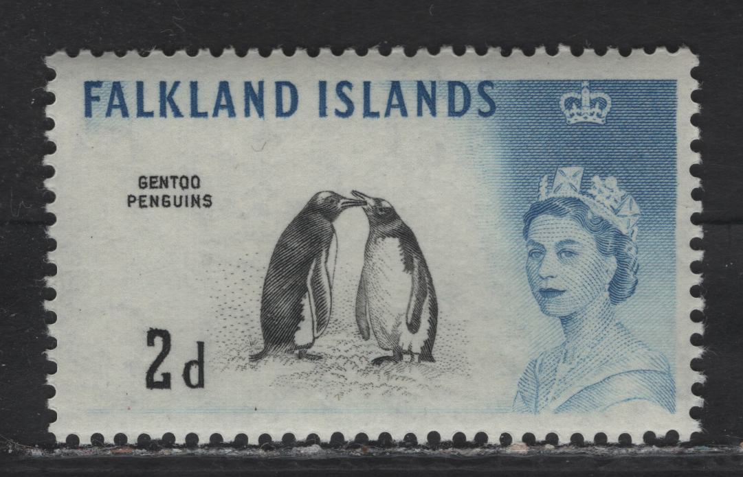 Lot 249 Falkland Islands (C) SG#195ab 2d Black & Blue, 1955-1957 Pictorial Definitives, A VFNH Single De La Rue Printing, Showing Weak Entry At Upper Left, Normally The Cross Hatching Is Much Stronger